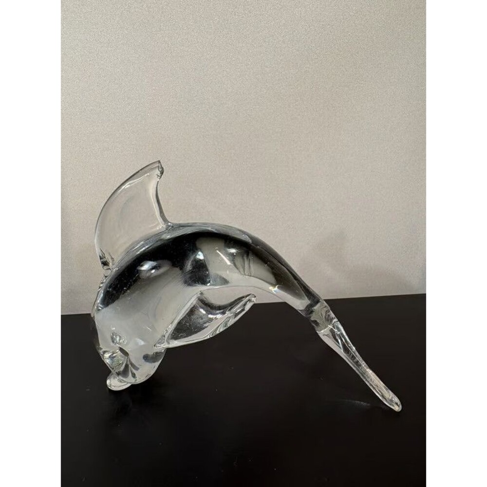 Art Glass Dolphin Figurine Clear Hand Blown Leaping Sculpture with Foil Label